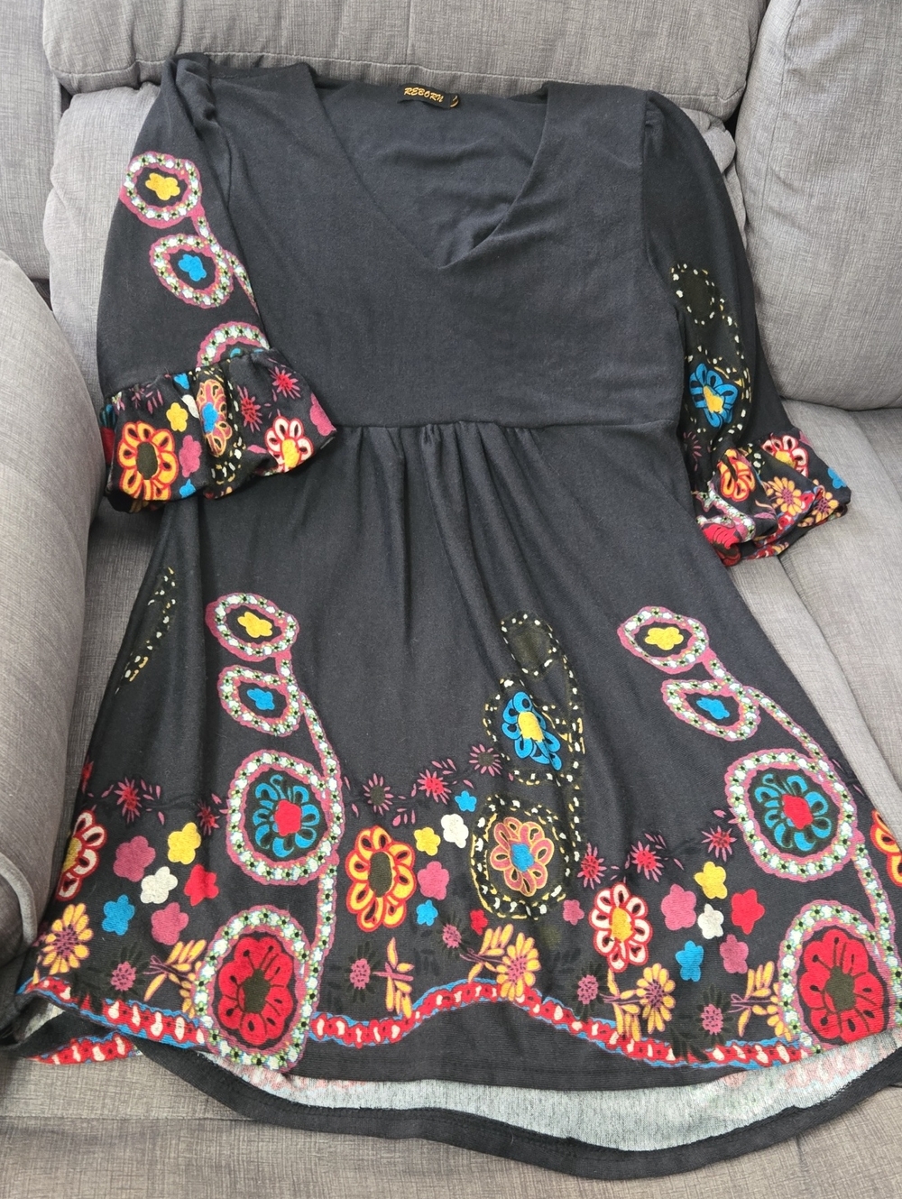 Reborn Black Asymmetrical Dress with Multicolor Floral